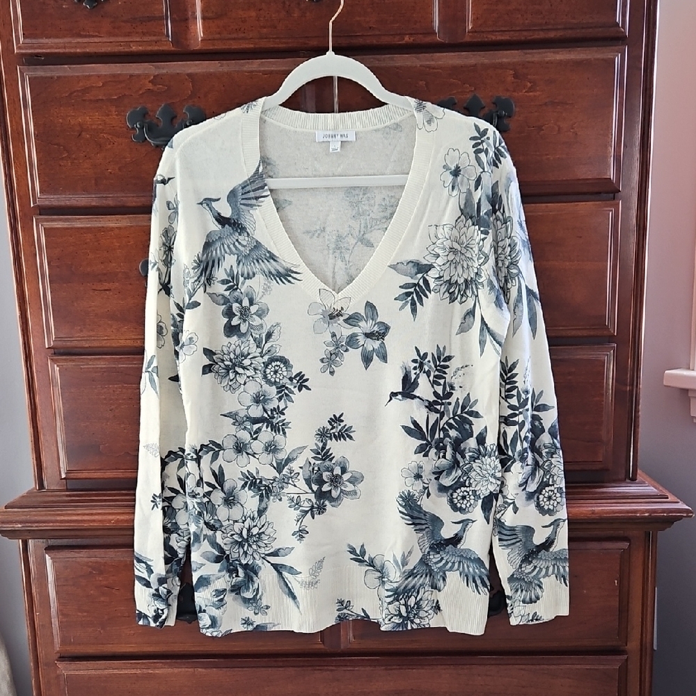 Johnny Was Cream and Black V-Neck Sweater